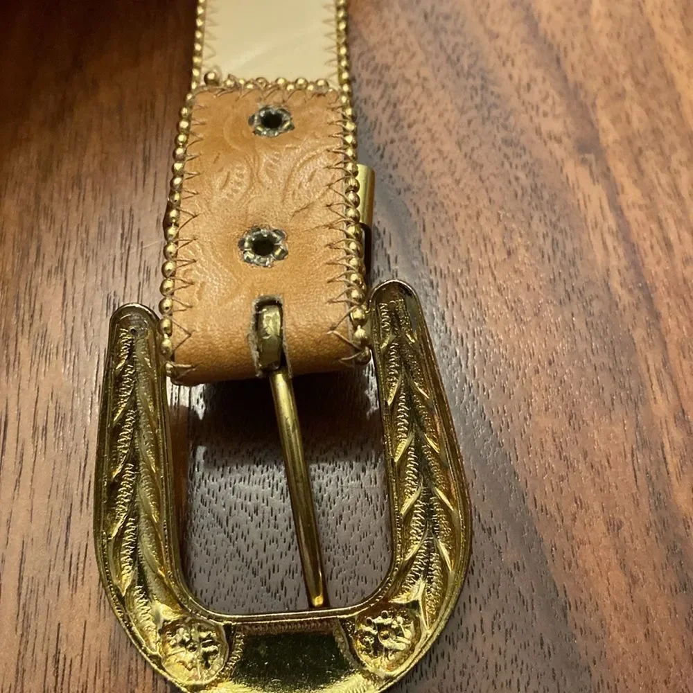 Tan and gold Floral Studded tone belt and buckle size 31”